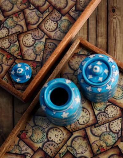 Neerja Exclusive Clock Design Digitally Printed Wooden Trays set of 2