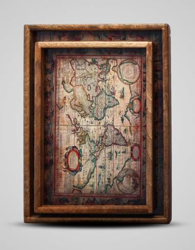 Neerja Exclusive Map Design Digitally Printed Wooden Trays set of 2