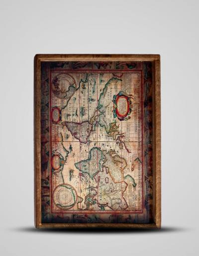 Neerja Exclusive Map Design Digitally Printed Wooden Trays set of 2