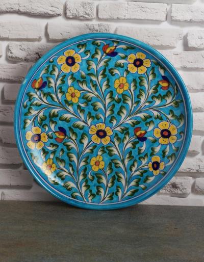 Jaipur Blue Pottery Handmade Wall Plate 10" with  Turquoise Base and Yellow Flowers 