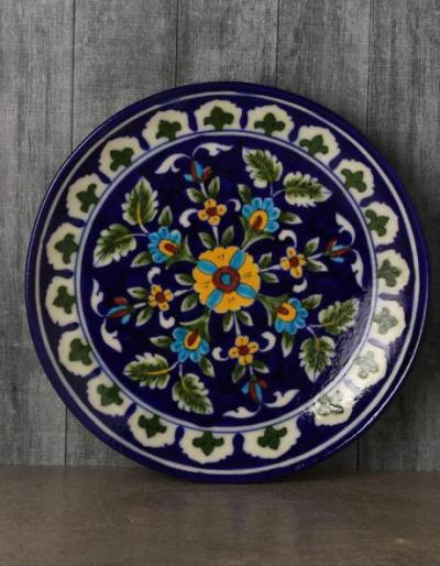 Jaipur Blue Pottery handmade Wall Plate 8"  in Blue Base with Yellow and Turquoise Flowers 