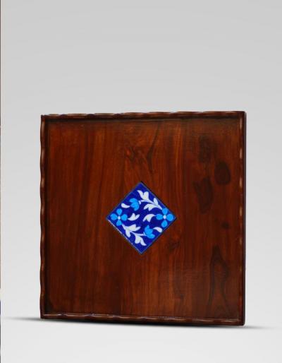 Neerja Blue Pottery Wooden Blue and White tile tray 12x12 inch