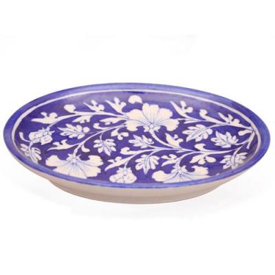 White Flowers and Leaves With Blue Base Oval Plate 