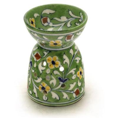 Jaipur Blue Pottery Handmade oil diffuser Med.  - Green Base with yellow flowers