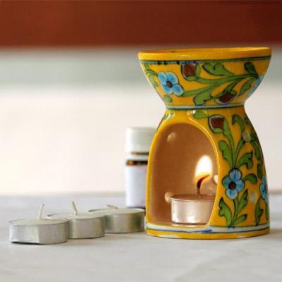 Jaipur Blue Pottery Handmade diffuser - Yellow base with  Turquoise Flowers 