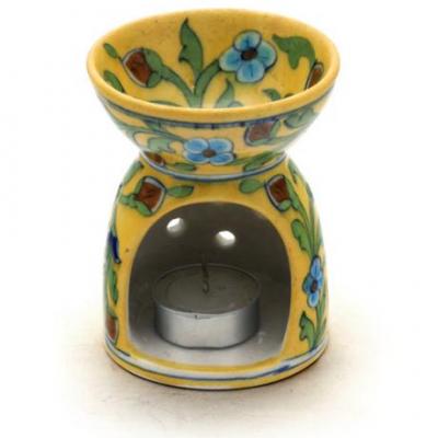 Jaipur Blue Pottery Handmade diffuser - Yellow base with  Turquoise Flowers 