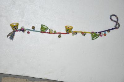 JAIPUR BLUE POTTERY HANDMADE BELL HANGING WITH KALBELIYA WORK - YELLOW / GREEN
