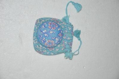 JAIPUR BLUE POTTERY HANDMADE PURSE MIRROR WITH MATCHING COTTON CLOTH POUCH - TURQUOISE 