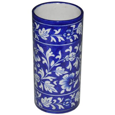 Blue and White Floral Leafy Pattern Cylinder 8 inches