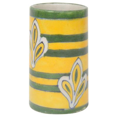 Yellow and Green Design Blue Pottery Cylinder 4 inches
