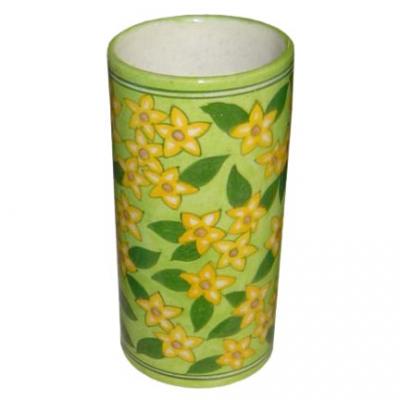 Yellow and Green Design Blue Pottery Cylinder 8 inches