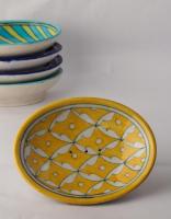 BLUE POTTERY SOAP DISH WITH GEOMETRICAL DESIGN ON YELLOW BASE