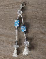 JAIPUR BLUE POTTERY HANDMADE BEAD BAG CHARM IN WHITE/TURQ. WITH COTTON THREAD WORK