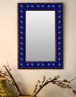 Blue Embossed Tiled Mirror with Flowers and Green Leaves 16" x 24"