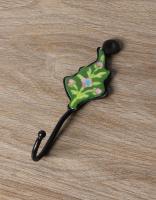 JAIPUR BLUE POTTERY HANDMADE LEAF HOOK WITH IRON -GREEN WITH PINK FLOWER