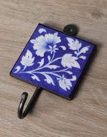 JAIPUR BLUE POTTERY HANDMADE TILE HOOK  WITH IRON 4X4 INCHES- BLUE BASE WITH WHITE FLOWER