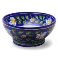 Jaipur Blue Pottery Handmade Bowl 8 inches - Blue Base with Turquoise / yellow flower