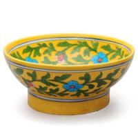 Jaipur Blue Pottery Handmade Bowl 8 inches - Yellow Base with Turquoise Flowers