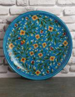 Jaipur Blue Pottery Handmade wall Plate 10"  - Turquoise Base with Yellow basant bahar Flowers  