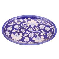 White Flowers and Leaves With Blue Base Oval Plate 