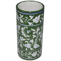 Green and White Design Blue Pottery Cylinder 8 inches