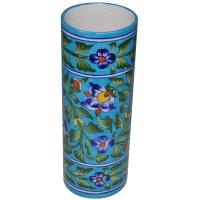 Floral and Leafy Design on Turquoise Base Cylinder 10 inches