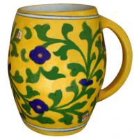 Flower and Leafy Design on Yellow Base Beer Mug